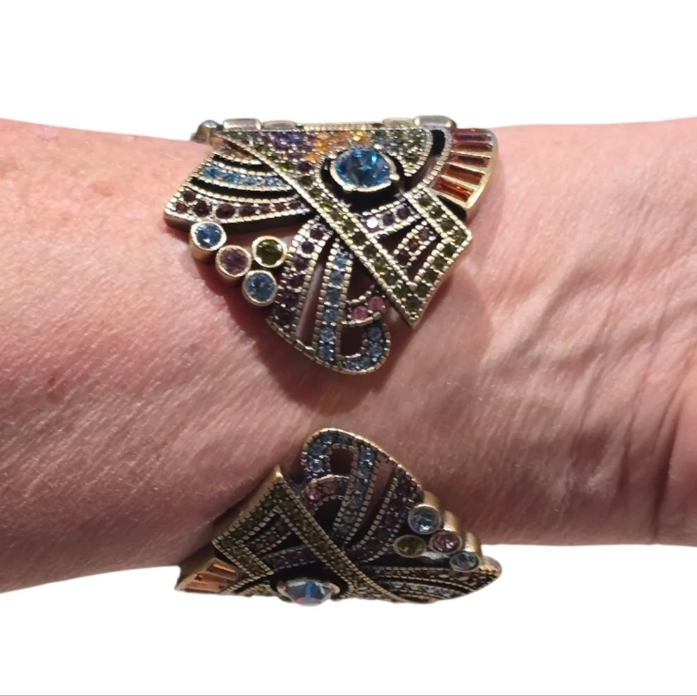 Heidi Daus Art Deco Swarovski Crystal Golden Bronze Cuff Bracelet Watch - Picture 6 of 10